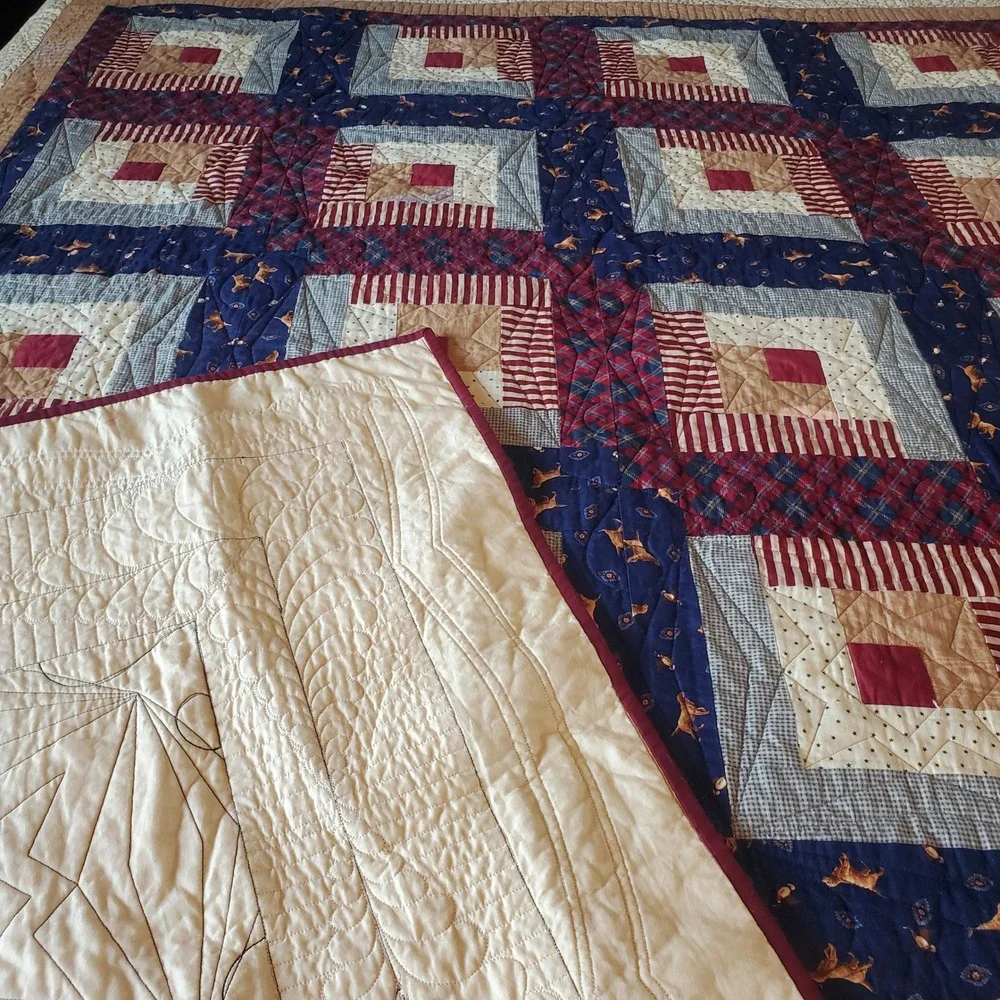 Handmade Log Cabin Patchwork Quilt Navy Blue Burgundy Plaid Dog Print 70x82